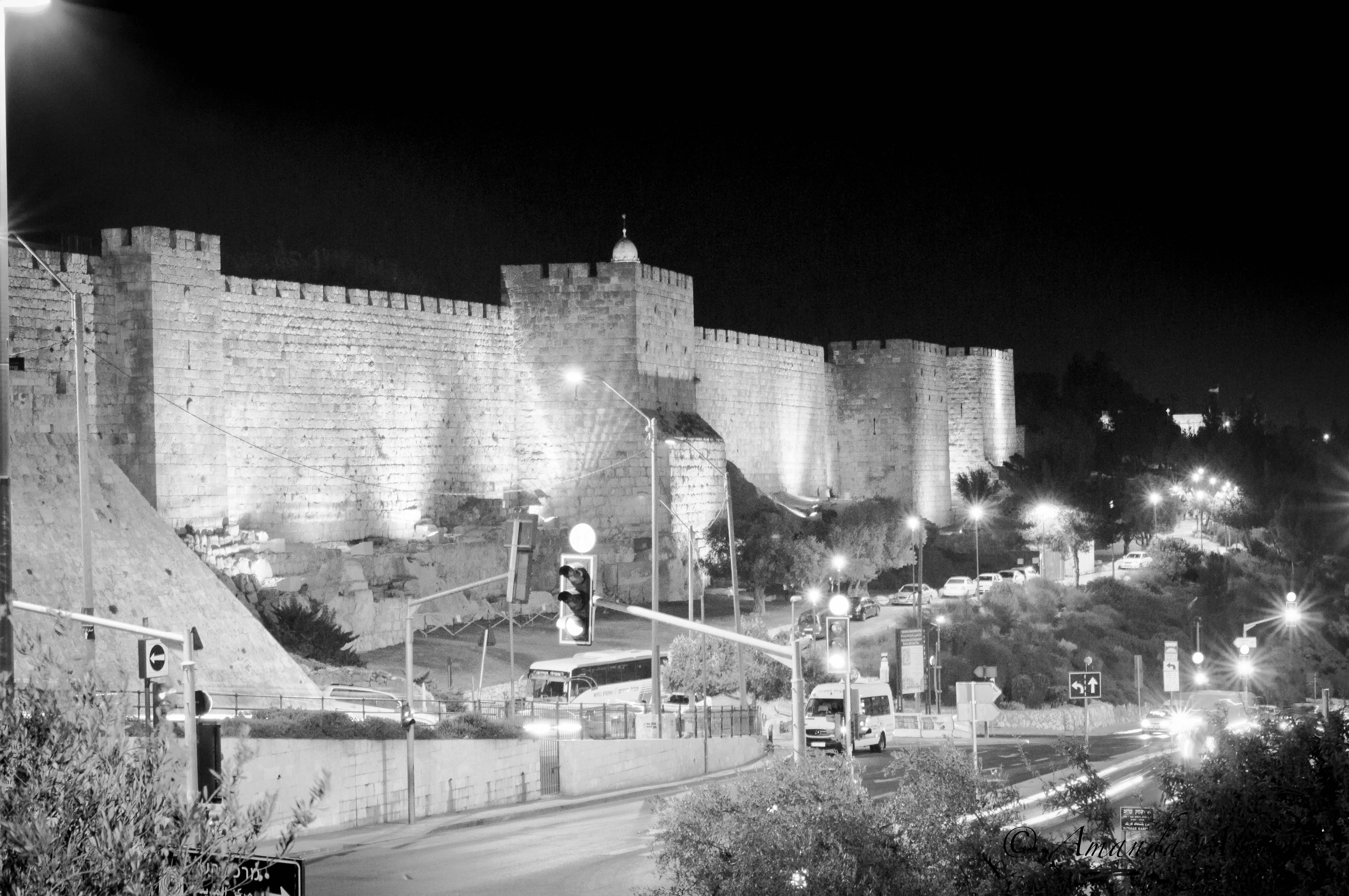 The old city wall at night.